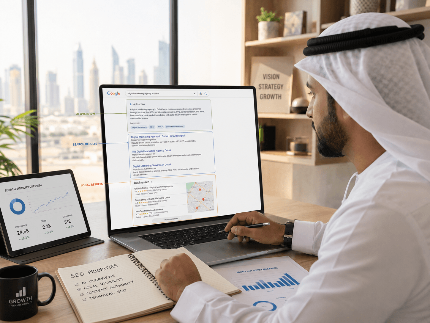 UAE business owner reviewing website visibility across Google Search, AI Overviews and local business results